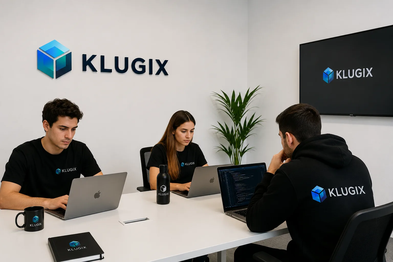 Equipo de KLUGIX reunido en una oficina trabajando en desarrollo web, branding y estrategia digital